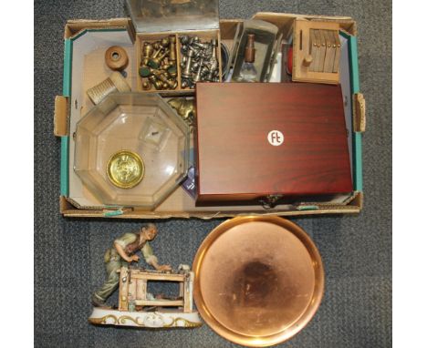 A box of good items including a metal chess set (one pawn missing) and bar related items.