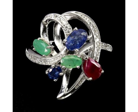 A 925 silver ring set with sapphires, rubies and emeralds, (P).