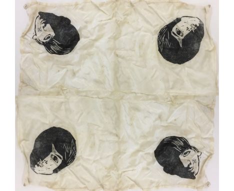 BEATLES TEA TOWEL AND FAUX SILK SCARF - a 1963 original Ulster linen tea towel with printed images and autographs from the ba