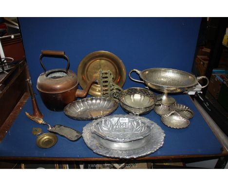 A box of mixed metals including copper teapot, antler handle crumb brush, twin handled pedestal dish, white metal trays etc.