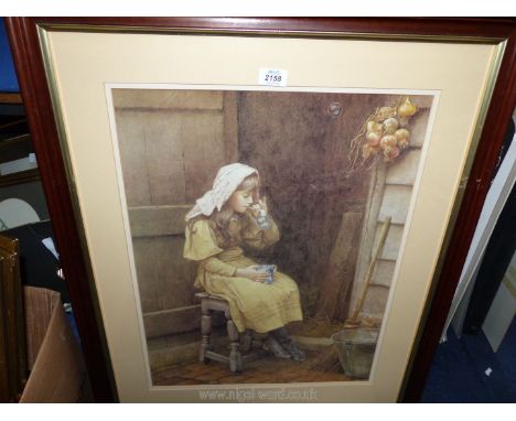 A large framed Pears style print of a young girl sat on a stool.
