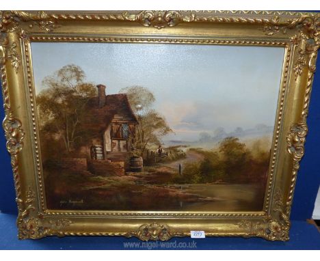 A framed oil on canvas depicting a gentleman leant on a gate by a water mill, signed lower left 'John Horsewell'.