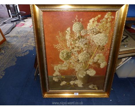 A gilt framed print on board depicting a vase of flowers, signed lower left 'Marjorie Drawbell'. 25 1/4" x 32 1/4".