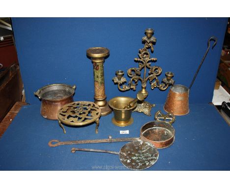 A box of mixed brass and copper including pestle and mortar, candlestick, copper pot, trivet etc.