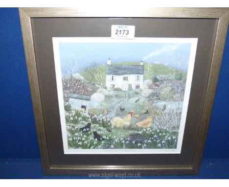 A framed and mounted print titled 'Chickens in a Winter Garden', initialed lower right 'L.G.'  signed in pencil L. Grossmith.