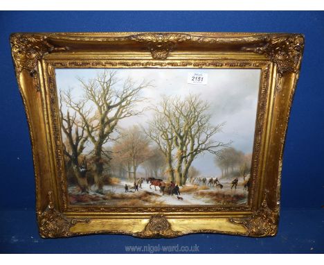 An ornate framed print of ice skaters in a winter landscape. Image size 15" x 11".