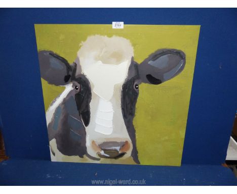 A modern oil over print picture of a cow.