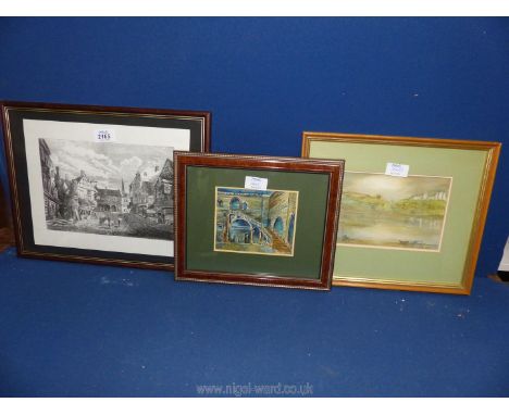 Two framed watercolours to include; a castle in Wales by Beryl Davies, plus a print.