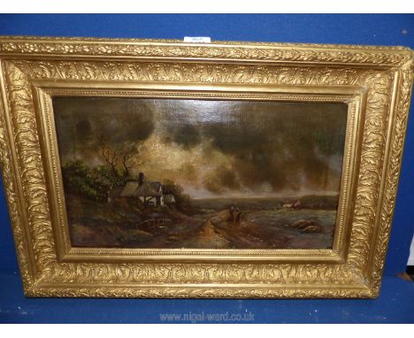 An over painted Print on canvas of a country scene with figures talking on a lane, signed lower left F. Arnold. Image size 18