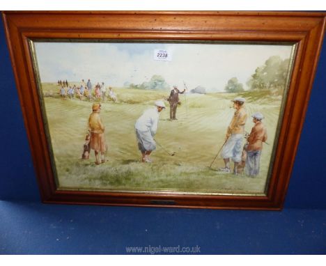 A framed D.E. West golfing print titled 'The Long Chip'.