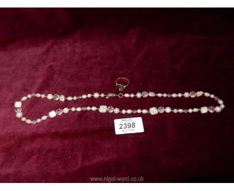 A 925 Pearl and crystal necklace and 925 smoky quartz ring.