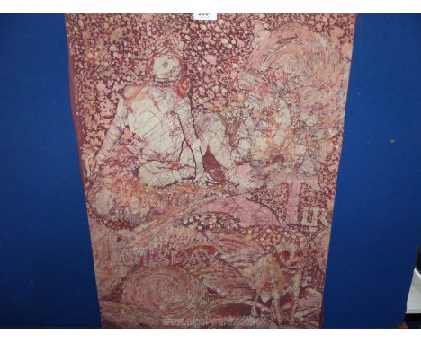 A Batik print on fabric depicting a nude and a dog.
