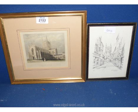 An antique print of Hereford Cathedral engraved by B. Winkles plus a small print of Church Street Hereford by Kenneth Bromley