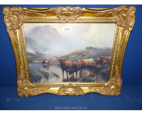 An ornate framed print depicting Highland cattle drinking from a loch. Image size 15" x 11".