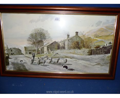 A large Print of farmer bringing his sheep 'Down from the hills' by artist Alan Ingham, incl. wooden frame 31 1/2" x 19 1/2".