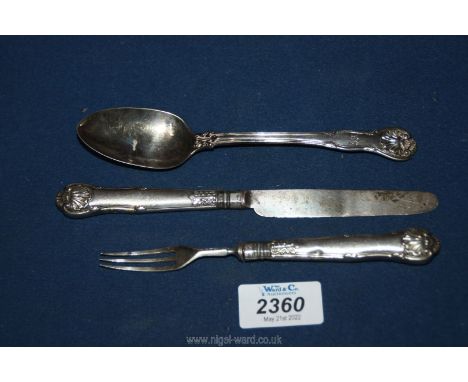 A Silver knife and fork, Sheffield 1832 Kings pattern, maker Aaron Hadfield &amp; Sons. together with a Silver spoon, Birming