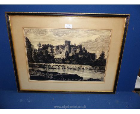 A framed print of Usk Castle (Limited Edition enlarged reproduction of 1823 original). 26 1/4" x 19 3/4".