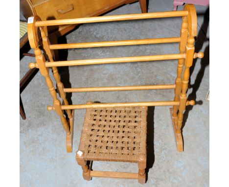 Light wood towel rail and a string top stool