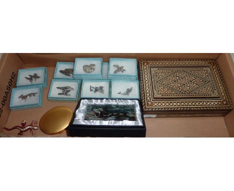 Selection of pewter animal pin badges by A R Brown in original boxes, brass and enamel lizard brooch, lacquer work modern com