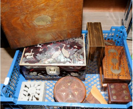 Box of wooden and soapstone boxes, lacquered jewellery box with Mother of Pearl inlay etc