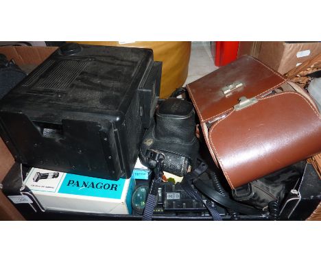 Box containing selection of cameras including folding Polaroid camera, and a Pentax MX 35mm camera etc.