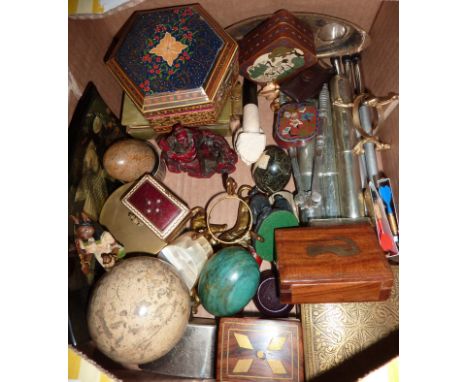 Selection of cigar holders, carved eggs, decorative boxes, small brass snuff box with enameled lid etc.