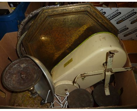 Set of Harper scales, brass trivet, metal storage tins, brass trays, silver plated salver etc.