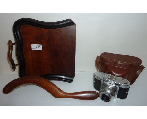 Mahogany crumb tray, Voighander camera in leather case