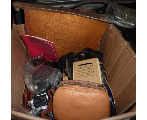 Box of assorted cameras including Diana F, Zenith TTL and Quarz cine camera