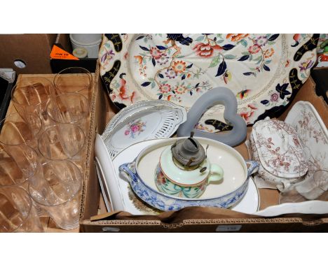 Large Gaudy Welsh meat plate, milk glass paraffin lamp, small lidded tureen and stand, set of eight hi-ball glasses etc.
