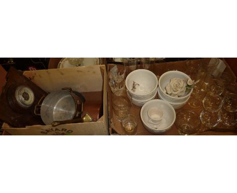 Box of copper saucepans, oak barometer and box of assorted glassware, planters etc.