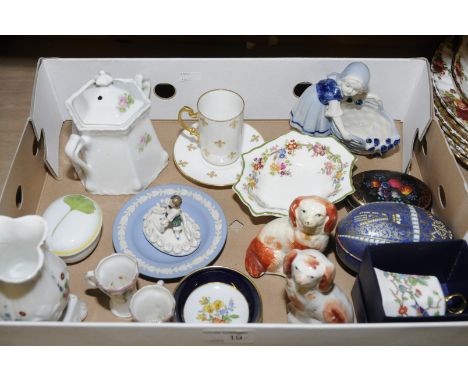 Miniature pair of Staffordshire spaniels, Coalport trinket dish, Ainsley pottery, Edwardian ceramics etc 