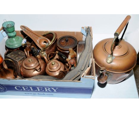 Box of assorted brass, mantel clock, large copper kettle etc 