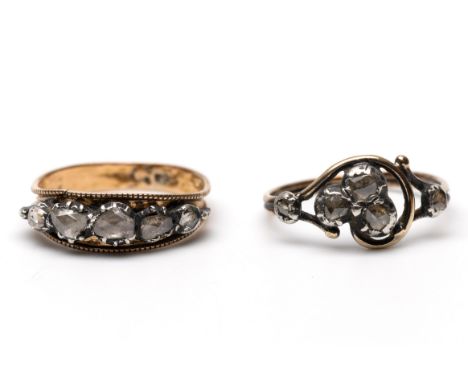 Twee fijne 14 kt. goud met zilveren ringen, beide bezet met roosgeslepen diamant bruto 3,8 gr., ringmt. 17 Uit de nalatenscha