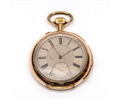 18 kt. Gouden zakhorloge. Met ankergang met minuten repetitie, gouden binnendeksel en beige wijzerplaat met Romeinse cijfers 