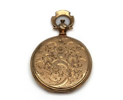 14 kt. Gouden medaillon, 19e eeuw. Rijk gedecoreerd met florale motieven, de binnenzijde met haarwerk ter ere van een huwelij