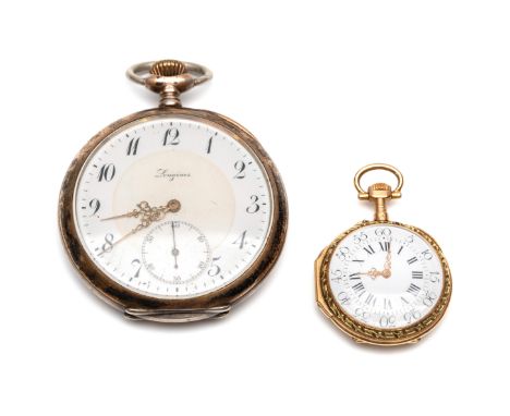 Twee remontoir zakhorloges. Frankrijk, 18 kt. roségouden horloge met witte wijzerplaat, de uren in Romeinse cijfers, de minut