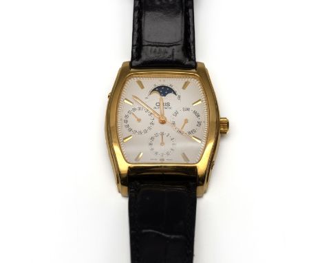 Oris, doublé polshorloge automaat. Model Classic Tonneau Moonphase Day Date - 7488. Met witte wijzerplaat en volkalender. Aan