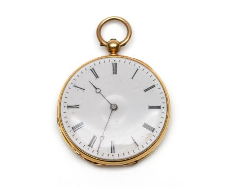 18 kt. Gouden sleutelhorloge, 19e eeuw. De achterzijde met een decor bladeren en gedecoreerd met lichtblauw en wit email. Met