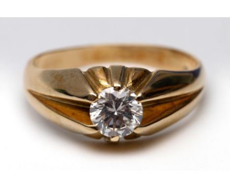 14 kt. Gouden gypsy ring. Bezet met een briljant geslepen diamant van ca. 0.60 ct. Meesterteken P. Bruining, Zandvoort 1965 -