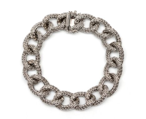 14 kt. Witgouden gourmet schakelarmband, jaren '60 - '70. De schakels opgebouwd uit geweven gouddraad bruto 59,9 gr.  [1] 14 