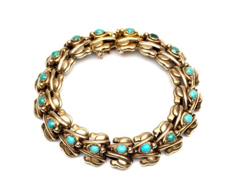 14 kt. Gouden armband, midden 20ste eeuw. Met fantasie vormige schakels, elk bezet met een turkoois bruto 15,9 gr., l. 17 cm 