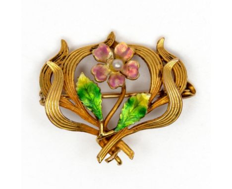 14 kt. Gouden broche, Art Nouveau. Met centraal geëmailleerde bloem in roze en groen, met in het hart een kleine parel bruto 