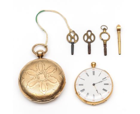 Twee gouden sleutelhorloges. Eén zogenaamde hunter of savonette, gedecoreerd met gravé, met gouden binnendeksel en seconde aa