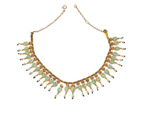 India, hooggehalte gouden collier, Champakali, bestaande uit vele druppelvormige ornamenten (knoppen van de frangipani bloem)
