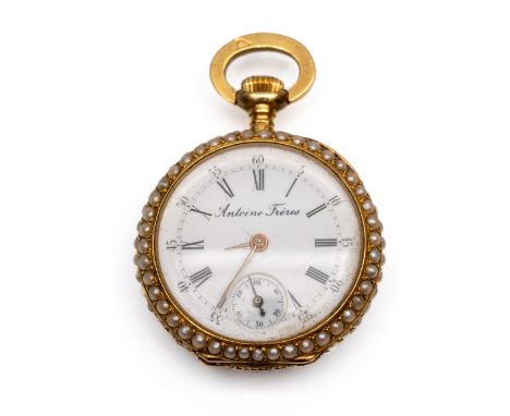 Antoine Frères, 18 kt. gouden remontoir dames horloge, ca. 1900. De achterzijde volledig bezet met halve natuurlijke parels w