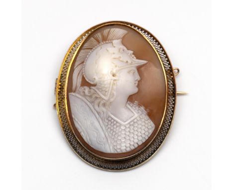 14 kt. Gouden schelpcamee broche, ca. 1900. Met een beeltenis van Pallas Athena. De rand opengewerkt bruto 13,9 gr., h. 51 x 