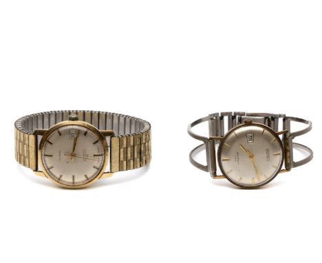 Twee 14 kt. gouden heren polshorloges, automaat, Tusal en Chronos. Beide aan een stalen band bruto 98,1 gr. [2] Two 14 k. gol