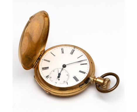 18 kt. Gouden remontoir horloge. Zogenaamde hunter of savonette, de voor- en achterzijde met guilloche gravure, de voorzijde 