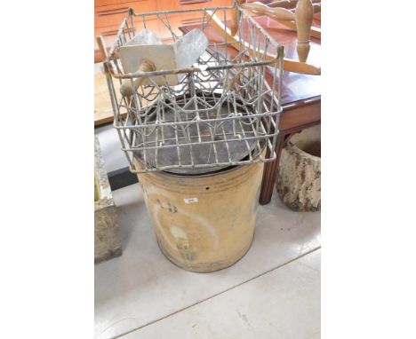 A vintage flour bin,with stencilled lettering for Bread, scoop and milk crate